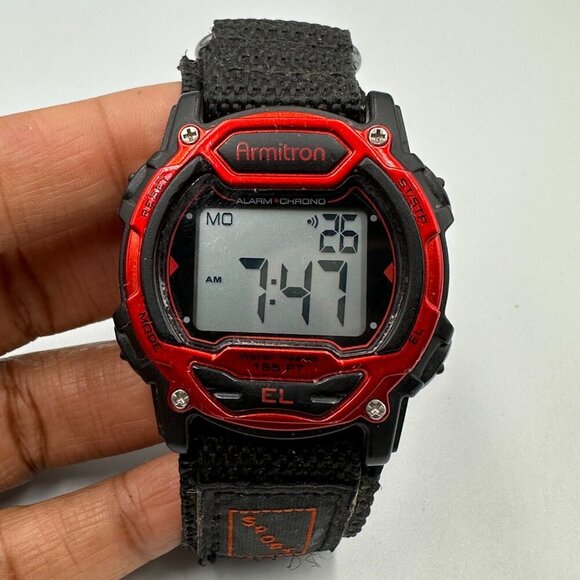 3/$30 Armitron Digital Watch Men Black Red Round Case Velrcro Strap Band - Picture 1 of 13